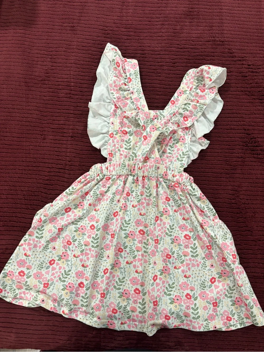 Girls Floral Ruffle Pinafore Dress in Pink and Green